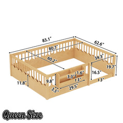 Bellemave® Queen Size Floor Bed for Kids with Heightened Safety Fence & Bookshelf, Low Profile Wood Platform Bed Frame with Storage, White Bellemave®
