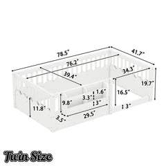 Bellemave® Queen Size Floor Bed for Kids with Heightened Safety Fence & Bookshelf, Low Profile Wood Platform Bed Frame with Storage, White Bellemave®