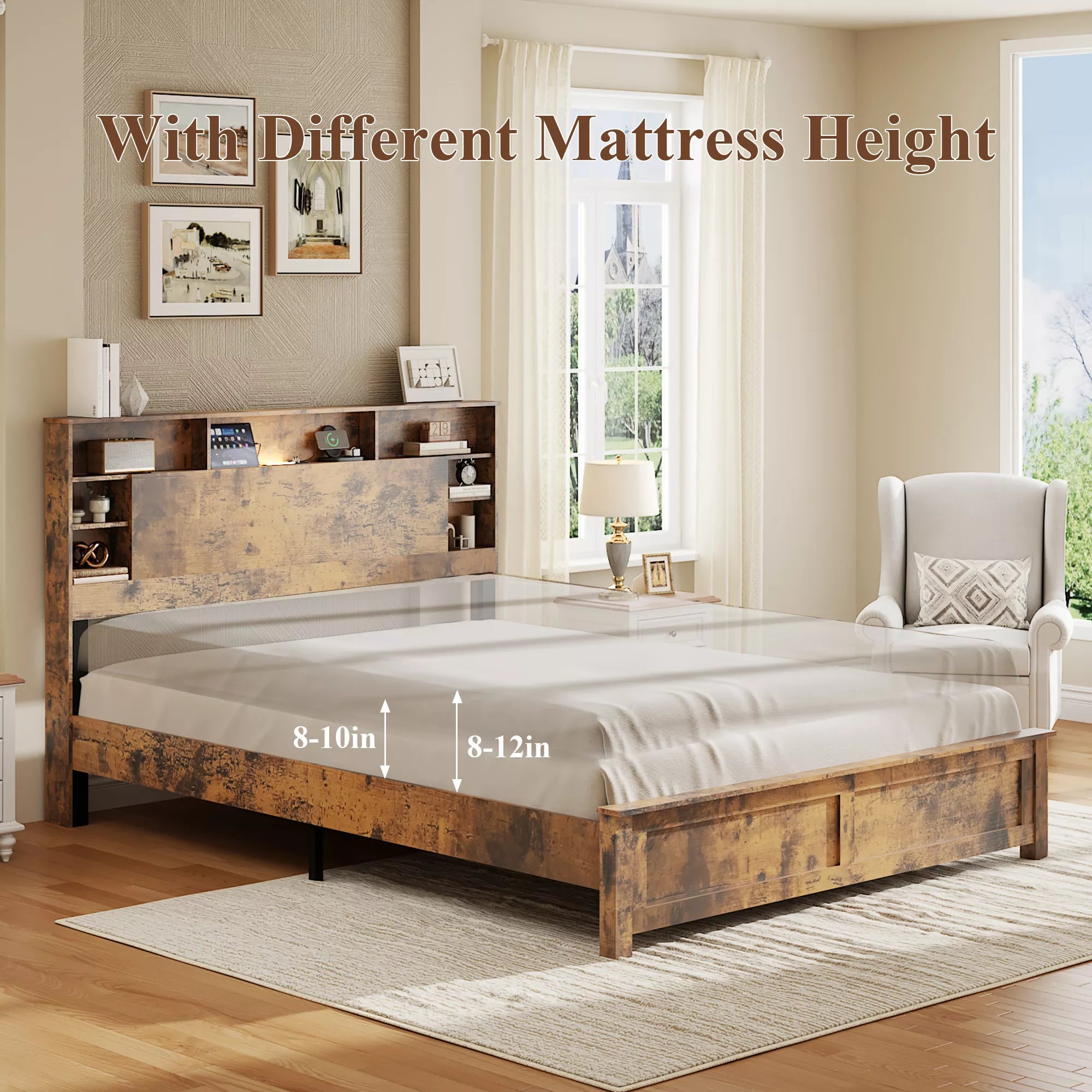 Wood Platform Bed with Storage Headboard and LED Lights