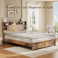 Wood Platform Bed with Storage Headboard and LED Lights