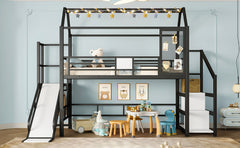 Bellemave® House Loft Bed Full Size, Full Size Loft Bed with Storage Stairs,Open Wardrobe and Slide,Black