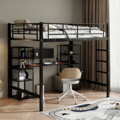 Bellemave® Full Size Metal Loft Bed with Built-in Desk and Shelves