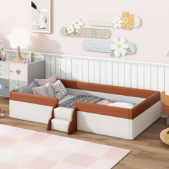 Bellemave® Upholstered Floor Bed with Fence and Stairs