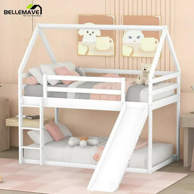 Bellemave® Twin Size Floor House Bunk Bed with Slide and Ladder