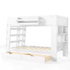 kids bunk bed with shelves and sturdy wooden structure