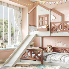 Bellemave® Bunk Bed Twin Over Full with Rail & Slide, House Bed for Kids, Floor Bunk bed with Fence Bellemave®