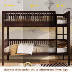 Dark wood Twin over Twin bunk bed in a bedroom
