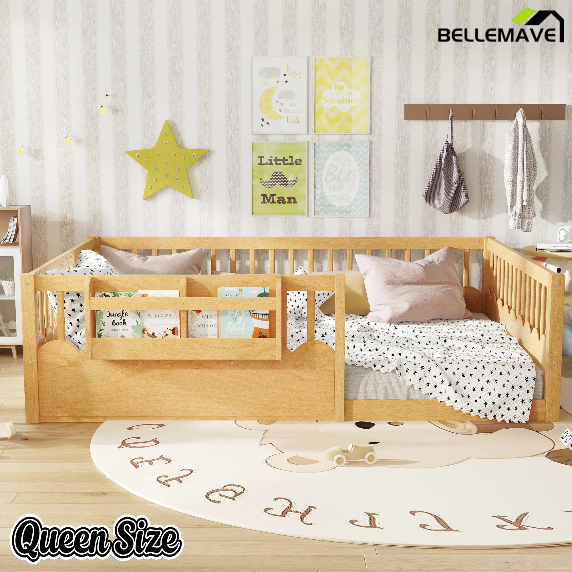 Bellemave® Queen Size Floor Bed for Kids with Heightened Safety Fence & Bookshelf, Low Profile Wood Platform Bed Frame with Storage, White Bellemave®