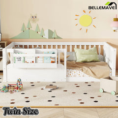 Bellemave® Queen Size Floor Bed for Kids with Heightened Safety Fence & Bookshelf, Low Profile Wood Platform Bed Frame with Storage, White Bellemave®