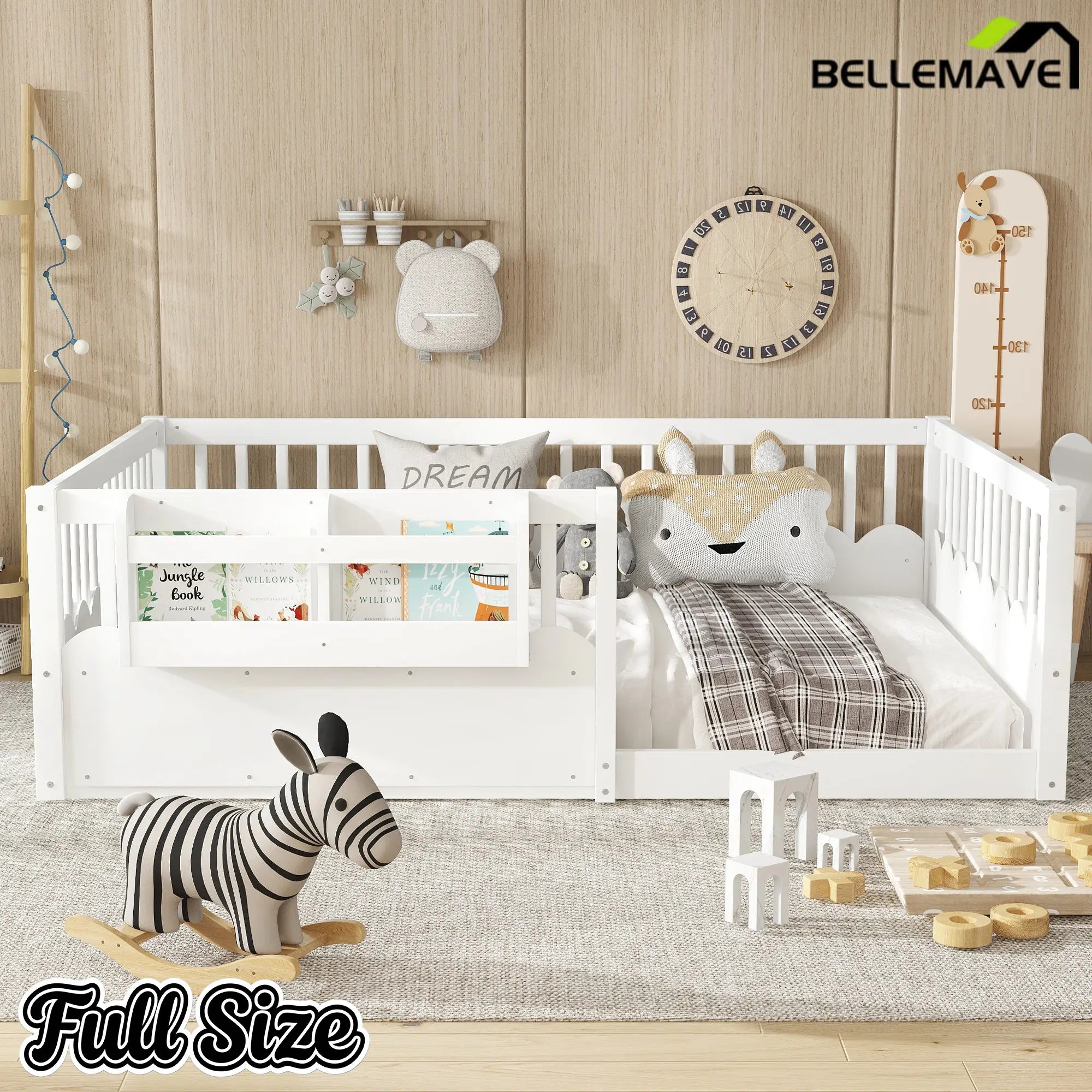 Bellemave® Queen Size Floor Bed for Kids with Heightened Safety Fence & Bookshelf, Low Profile Wood Platform Bed Frame with Storage, White Bellemave®