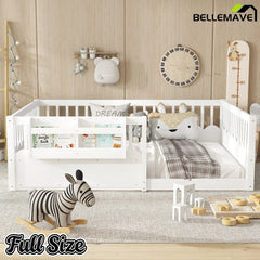 Bellemave® Queen Size Floor Bed for Kids with Heightened Safety Fence & Bookshelf, Low Profile Wood Platform Bed Frame with Storage, White Bellemave®