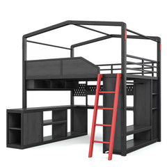 Metal House Loft Bed with Closet Space Angle View
