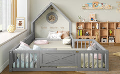 Bellemave® Double Floor Bed for Twins,Two Shared Beds,House Frame Twin Size Floor Bed with Guardrails and Door for 2 Kids,Girls,Boys,Grey