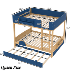 Bellemave® Automobile Form Design for Kids ,Queen Bunk Beds with Trundle , Wooden Bunk Bed with Built-in Bookshelf & High-quality Safety Guardrail,White＆ Beige