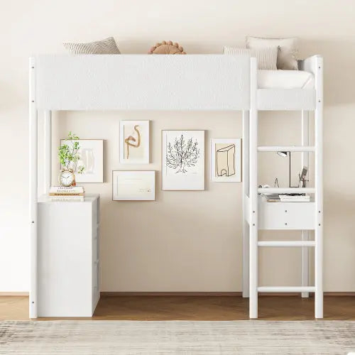 Bellemave® Wood Teddy Fleece Loft Bed with Desk and Cabinets Bellemave®