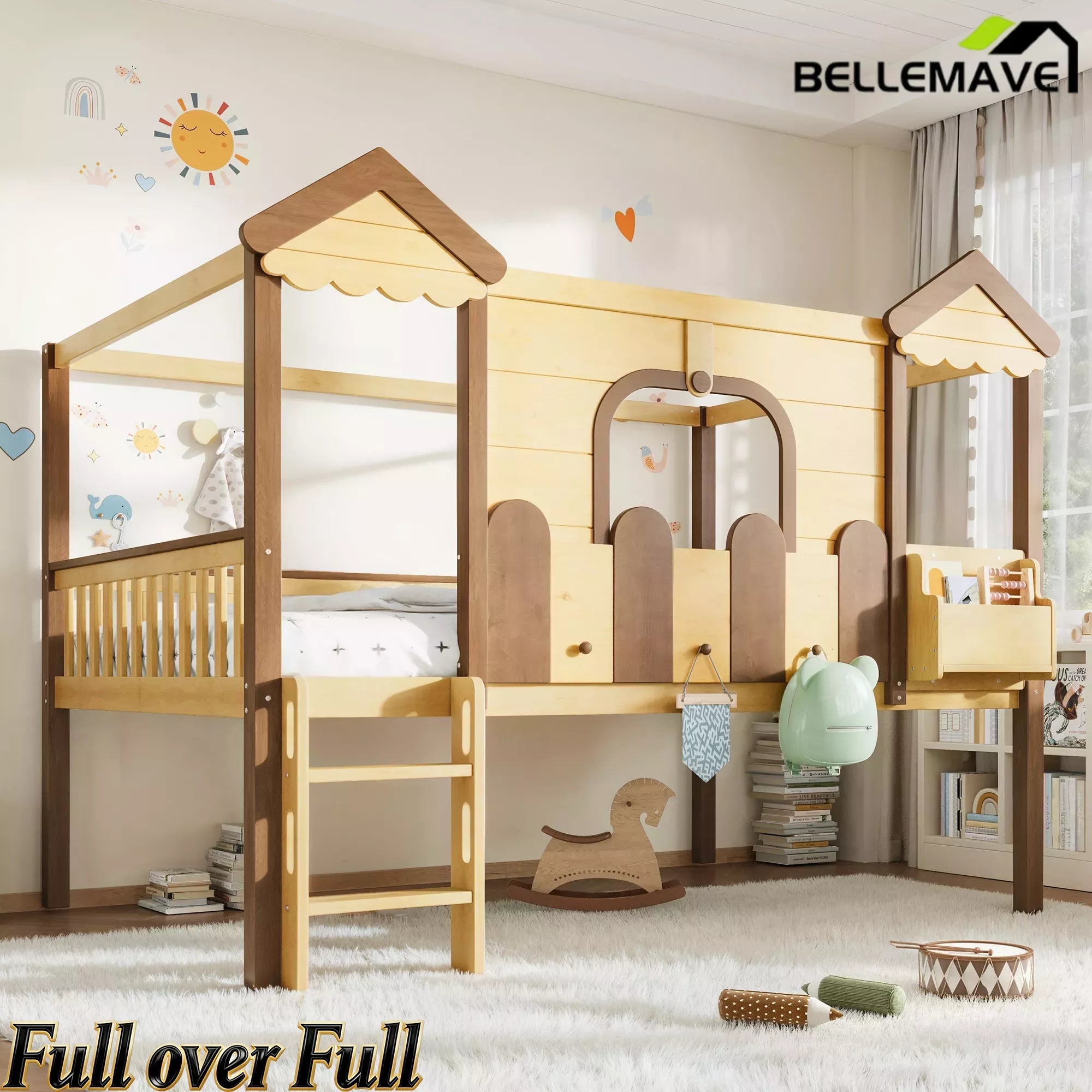 Bellemave® Full Over Full Wooden House Shaped Bunk Bed with Roof, Bookshelves and Storage Drawer — Converts Into Two Full Beds Bellemave®