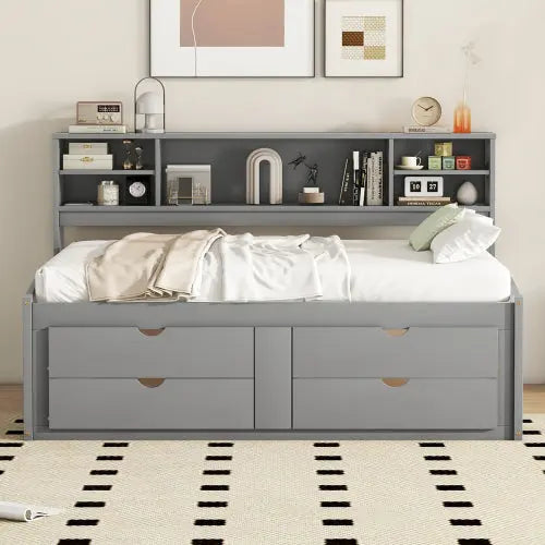 Bellemave Full Size Wood Daybed with 2 Bedside Cabinets, Upper Shelves and 4 Drawers Bellemave