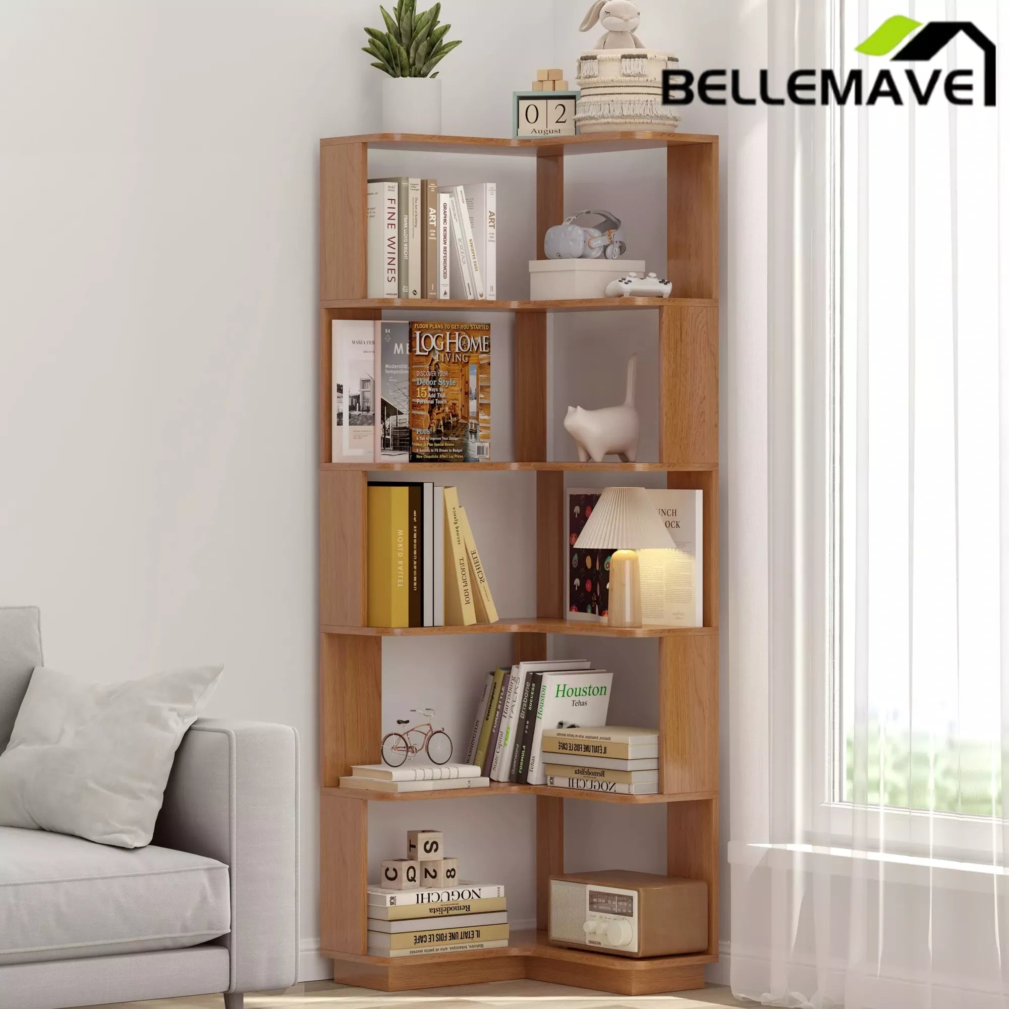 Bellemave® 6 Tier Corner Bookshelf, Industrial L Shaped Bookcase with Anti-Drop Panel, Freestanding Wood Grain Shelf Display Rack Storage Organizer for Home Office Bellemave®