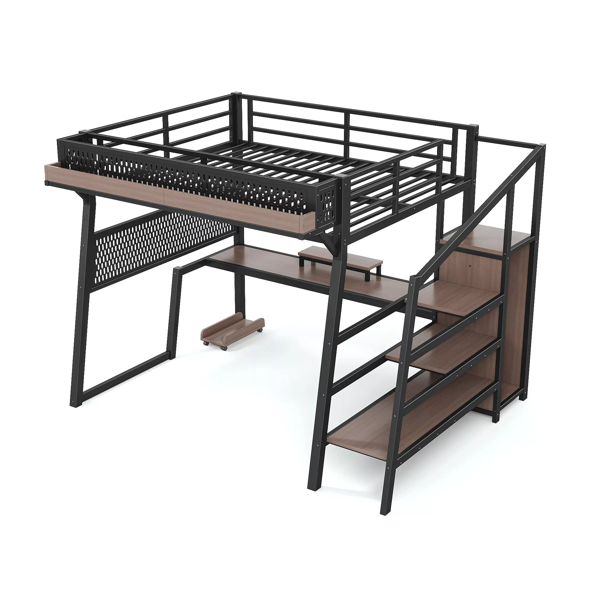 Bellemave® Metal Loft Bed with Storage Stairs, USB Ports, LED Lights, Pegboard & Built-in Wardrobe, Noise-Reduced Design, Black Bellemave®