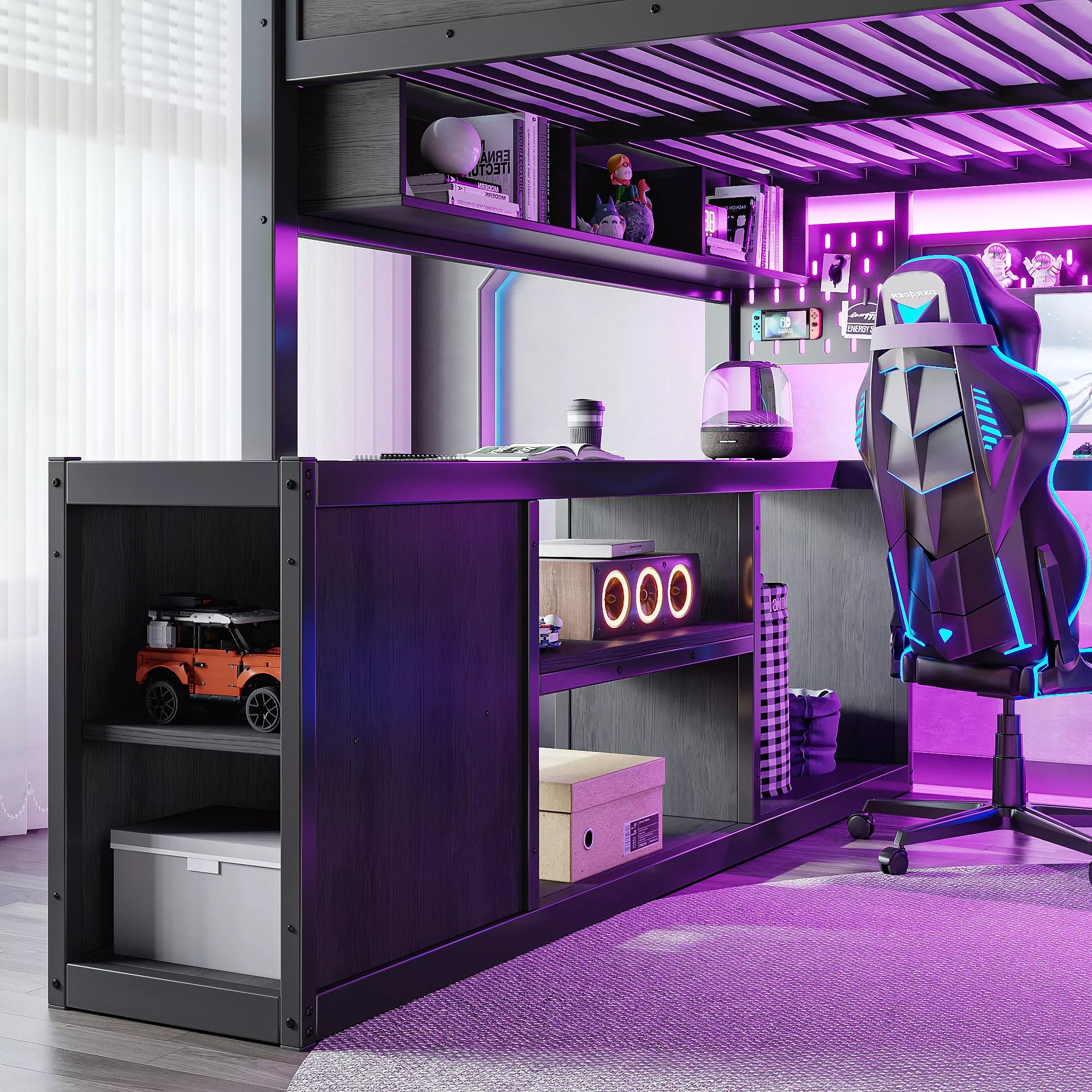 Gaming Loft Bed Desk and Storage Area Detail