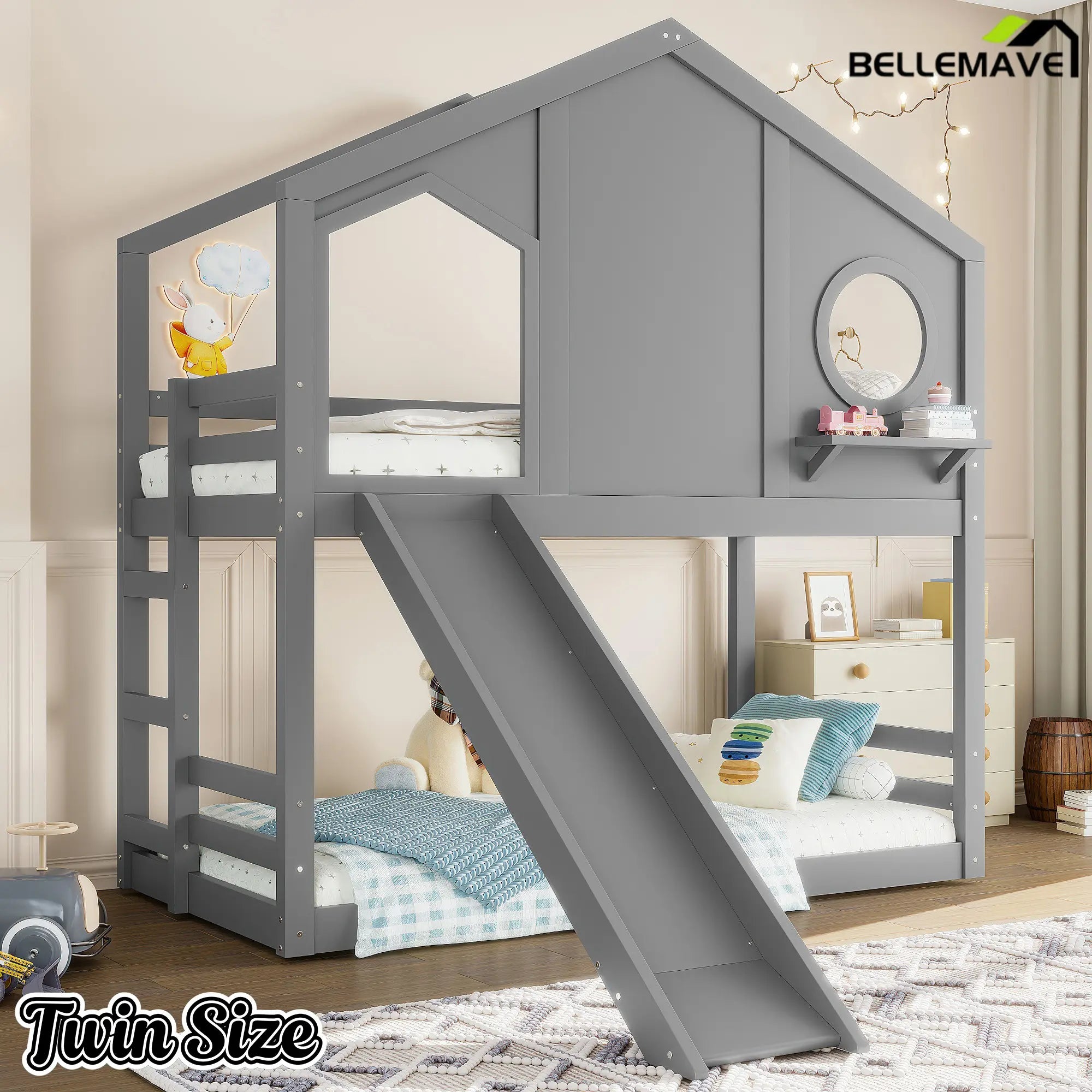 Bellemave® Twin Size House Bunk Bed with Slide and Storage Shelf, Twin Floor Bunk Beds Frame with Safety Guardrails for Kids Girls Boys, Grey Bellemave®