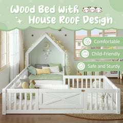 Bellemave® Double Floor Bed for Twins,Two Shared Beds,House Frame Twin Size Floor Bed with Guardrails and Door for 2 Kids,Girls,Boys,Grey