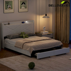 Bellemave® Queen Size Upholstered Platform Bed with Storage Headboard, LED, USB Charging and 2 Drawers