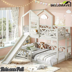 Bellemave® Bunk Bed Twin Over Full with Rail & Slide, House Bed for Kids, Floor Bunk bed with Fence Bellemave®