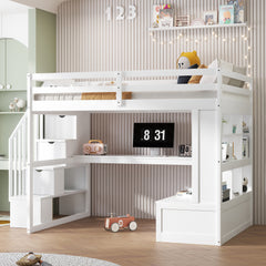 Bellemave® Full Size Loft Bed with Desk and Shelves, Two Built-in Drawers, Storage Staircase