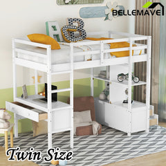 Bellemave® Loft Bed with Built-in Desk and 2 Drawers,Storage Shelves