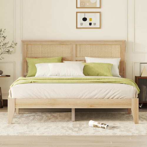 Bellemave® Queen Size Rubber Wooden Platform Bed with Rattan Headboard, Enhanced by Support Feet