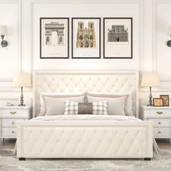 Bellemave® Velvet Upholstered Platform Bed with LED Light High Headboard, with Deep Tufted Buttons Bellemave®