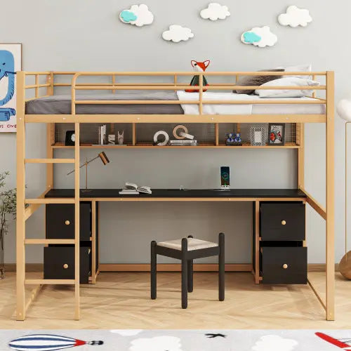 Bellemave® Full Size Metal Loft Bed with Desk, Drawers and Bedside Tray, Charging Station, USB and socket Bellemave®