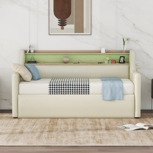 Bellemave Twin Size Upholstered Daybed with Hydraulic Storage with Lift Up Storage, Charging Station and LED Lights