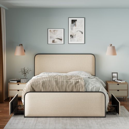 Bellemave® Modern Upholstered Platform Bed with Curved Upholstered Headboard.4 Storage Drawers and Heavy Duty Metal Slats Bellemave®