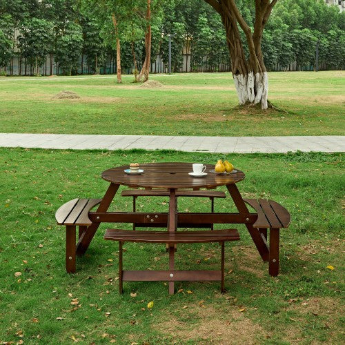 Bellemave® Outdoor 8 Person Round Picnic Table Set with 4 Built-in Benches, Umbrella Hole, Outside Table