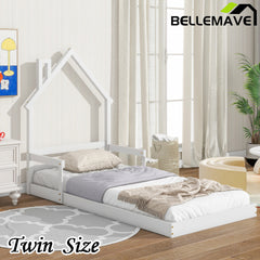 Bellemave® House-Shaped Headboard Floor Bed with Handrails and Slats