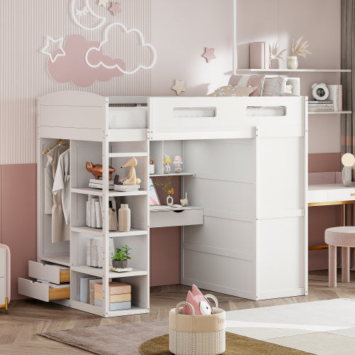 Bellemave® Loft Bed with Desk and Wardrobes, 4 Drawers and 4 Shelves