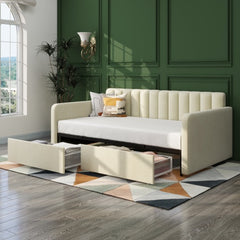 Bellemave® Twin Size Upholstered Daybed with 2 Drawers and Ribbed Tufted Backrest
