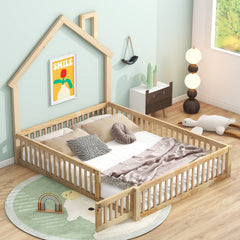 Bellemave® Full Size Wood House Floor Bed with Guardrail