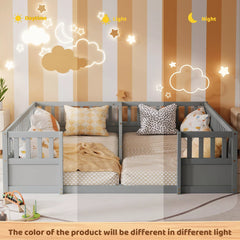 Bellemave® Double Twin Floor Bed with Guardrails, Pine Wood Kids Floor Bed with Open Entrance, Semi-Enclosed Montessori Bed Frame