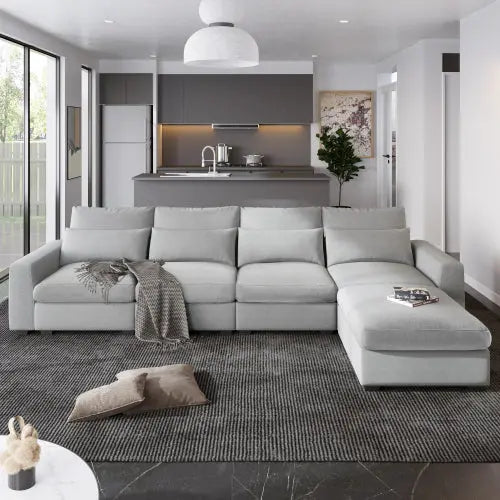 Bellemave 129.9" Modern Large L-Shape Feather Filled Sectional Sofa, Convertible Sofa Couch with Reversible Chaise Bellemave