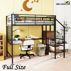 Bellemave® Metal Loft Bed with Desk and Metal Grid, Lateral Storage Ladder and Wardrobe