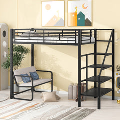 Bellemave® Twin Size Metal Loft Bed with Bench and Storage Staircase