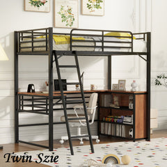 Bellemave® Metal Loft Bed with 3 Layers of Shelves and L-shaped Desk