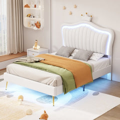 Bellemave® Modern Upholstered Princess Bed,Crown Headboard with LED Lights