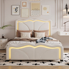 Bellemave® Upholstered Platform Bed with Curve Shape and Height-adjustable Headboard,LED Light Strips