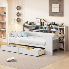 Bellemave® Twin Size Daybed with Storage Shelves， Two Storage Drawers and Study Desk