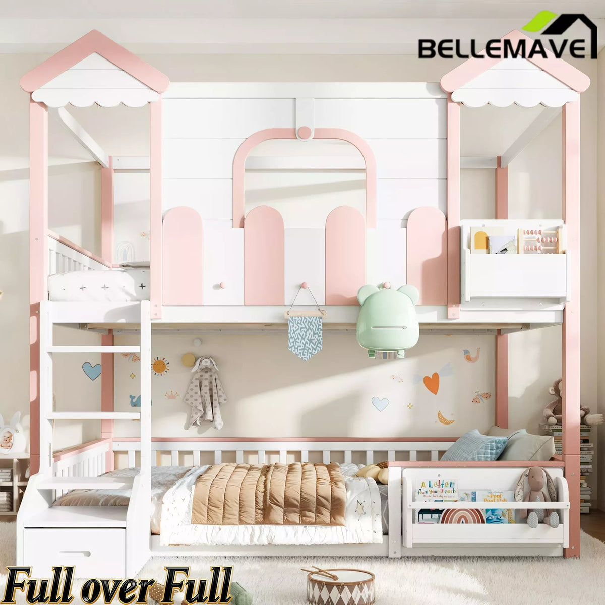 Bellemave® Full Over Full Wooden House Shaped Bunk Bed with Roof, Bookshelves and Storage Drawer — Converts Into Two Full Beds Bellemave®