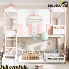 Bellemave® Full Over Full Wooden House Shaped Bunk Bed with Roof, Bookshelves and Storage Drawer — Converts Into Two Full Beds Bellemave®